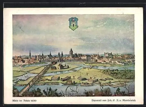 Künstler-AK Wels, Ortsansicht im Jahre 1630