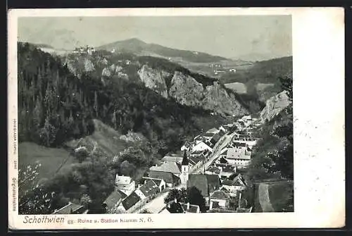 AK Schottwien, Ortsansicht gegen Ruine und Station Klamm