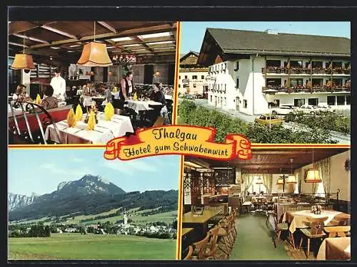 AK Thalgau bei Salzburg, Das Hotel zum Schwabenwirt mit Innenansicht und Panoramablick