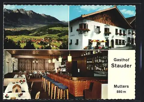 AK Mutters /Tirol, Der Gasthof Stauder mit Innenansicht und Panoramablick