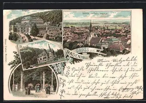 Lithographie Baden, Kursalon, Villa Erzherzog Wilhelm