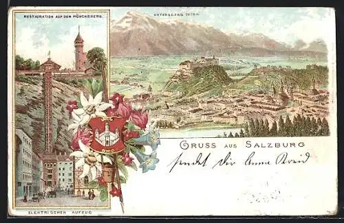 Lithographie Salzburg, Elektrischer Aufzug zur Restauration auf dem Mönchsberg, Edelweiss