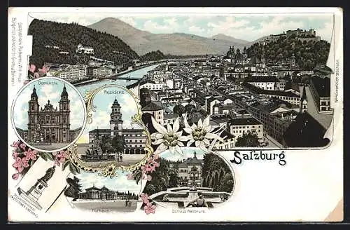 Lithographie Salzburg, Residenz, Domkirche, Mozartdenkmal, Schloss Hellbrunn