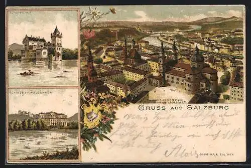 Lithographie Salzburg, Schloss Leopoldskron, Aussicht von der Festung Hohensalzburg