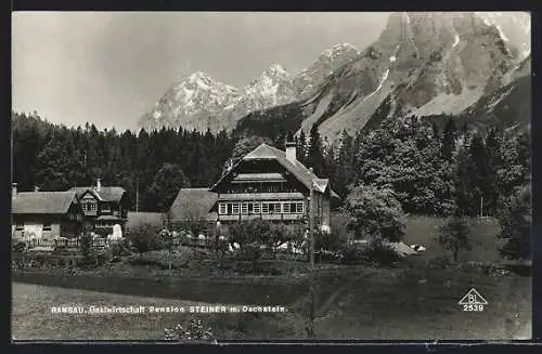 AK Ramsau am Dachstein, Gasthaus und Pension Steiner gegen den Dachstein