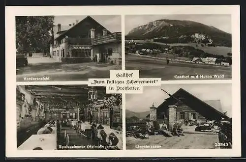 AK Dreistetten, Gasthof Zum lustigen Scherrerwirt, Liegeterrasse, Speisezimmer