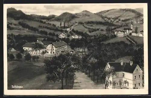 AK Schönau, Ortsansicht mit Kirche im Hintergrund