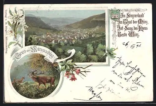 Lithographie Mürzzuschlag, Ortsansicht mit Bergpanorama, röhrender Hirsch