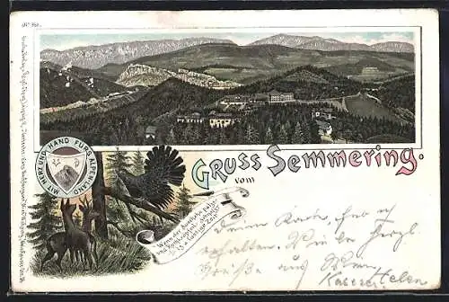 Lithographie Semmering, Ortsansicht mit gewaltigem Bergpanorama