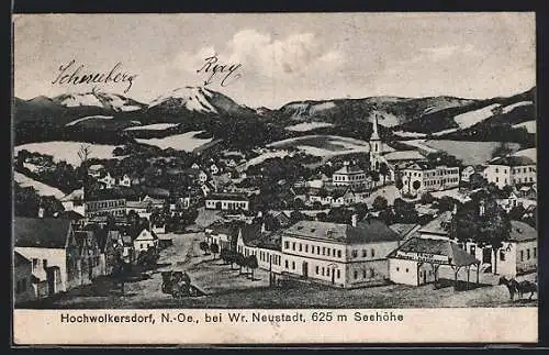 AK Hochwolkersdorf bei Wr. Neustadt, Ortsansicht gegen Schneeberg und Rax