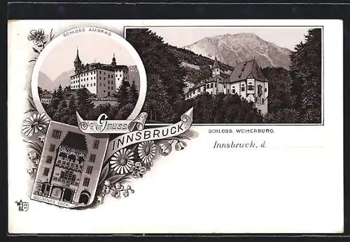 Lithographie Innsbruck, das Schloss Ambras, das Schloss Weiherburg