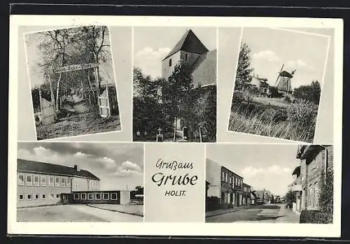AK Grube / Holst., Paasch-Eyler-Platz, Kirche, Windmühle
