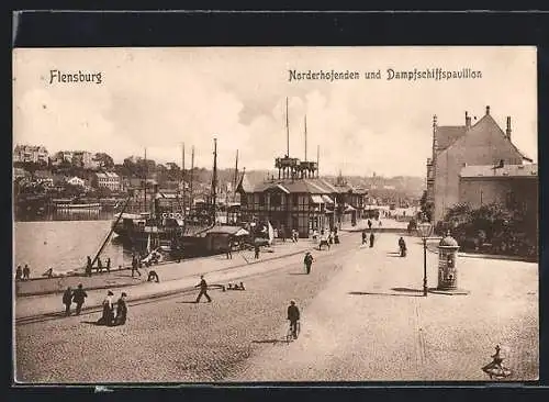 AK Flensburg, Norderhofenden & Dampfschiffspavillon, Litfasssäule