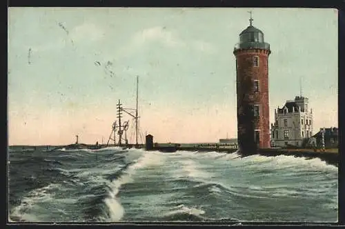 AK Cuxhaven, Semaphor, Leuchtturm und Telegraphengebäude bei Springflut