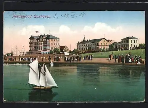 AK Cuxhaven, Wasserbassin mit Touristen und Modelsegelschiffen