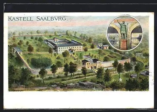 Lithographie Saalburg / Bad Homburg, Panorama mit Kastell