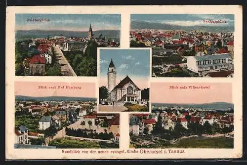 AK Oberursel i. Taunus, Feldbergblick, Saalburgblick, Villenviertel, Kirche