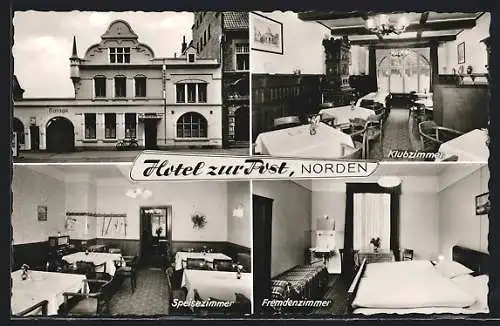 AK Norden / Ostfriesland, Das Hotel zur Post mit Garage und Innenansichten