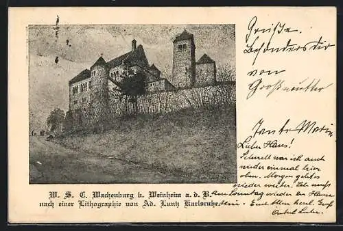 Künstler-AK Weinheim a. d. B., Blick auf die Wachenburg