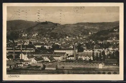 AK Lörrach, Teilansicht mit Fabrikschloten und Bergblick aus der Vogelschau