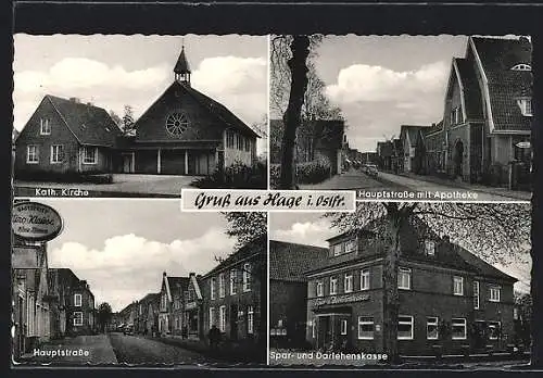 AK Hage /Ostfr., Hauptstrasse mit Apotheke, Spar- und Darlehenskasse