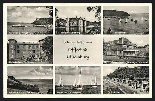 AK Glücksburg /Ostsee, Kinderkurheim St. Ansgar, Yachthafen, Badestrand