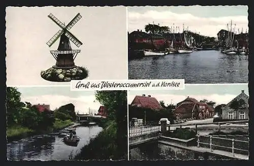 AK Westeraccumersiel /Nordsee, Hafenpartie, Brückenpartie, Windmühle