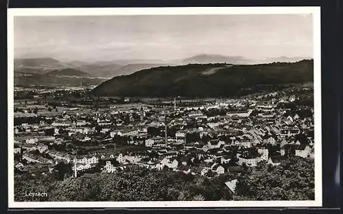 AK Lörrach, Ortsansicht mit Bergpanorama aus der Vogelschau