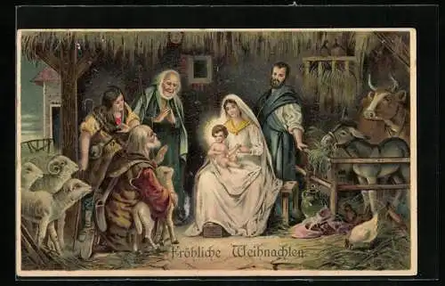 Präge-AK Maria und die Hirten mit dem Jesuskind im Stall
