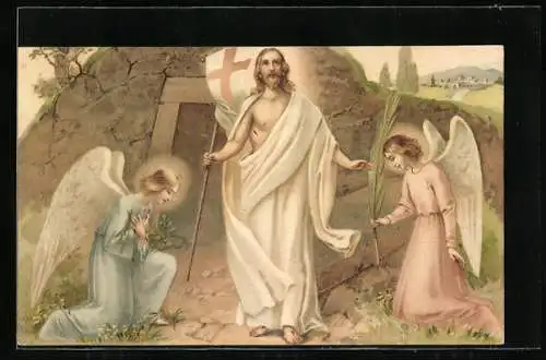 AK Zwei Osterengel mit Palmblatt und Jesus