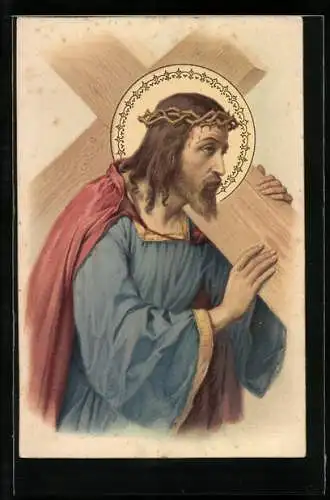 AK Jesus mit Dornenkranz trägt sein Kreuz