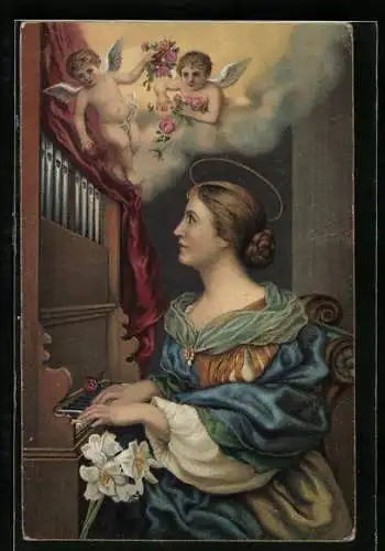AK Frau an der Orgel betrachtet die Engel am Himmel, Sancta Cäcilia