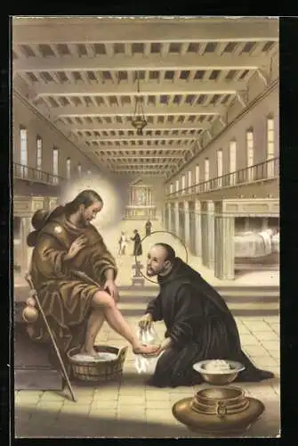 Künstler-AK S. Giovanni di Dio lava i piedi ad un povero infermo e ravvisa in Lui Gesù...