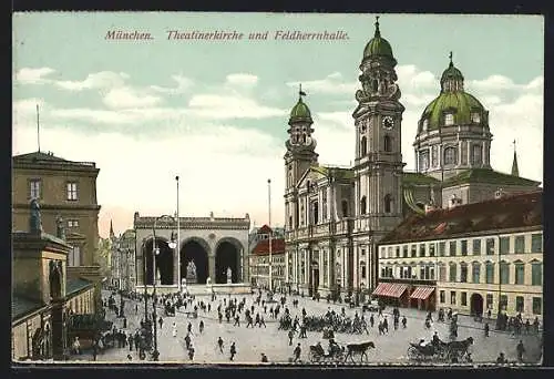 AK München, Theatinerkirche und Feldherrnhalle, Soldaten marschieren, Pferdekutsche