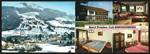 Klapp-AK Nesselwang /Ostallgäu, Hotel-Pension-Café Sonnenbichl mit Innenansicht, Gesamtansicht der Ortschaft im Schnee