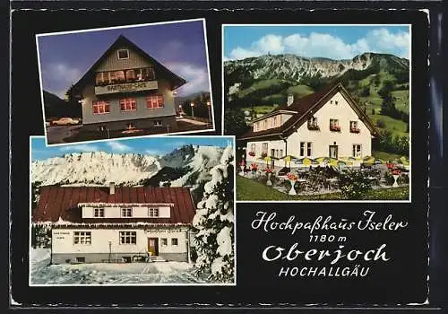 AK Oberjoch /Hochallgäu, Gasthaus-Café Hochpasshaus Iseler mit Terrasse, in Sommer und Winter