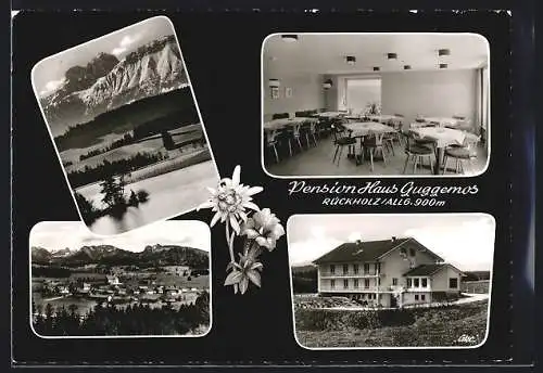 AK Rückholz im Allgäu, Pension Haus Guggemos, mit Speisesaal und Panoramablick
