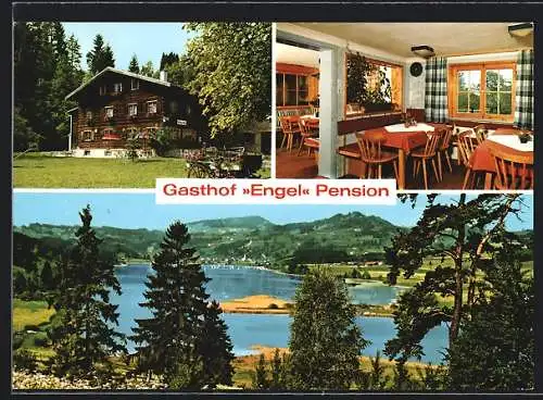 AK Niedersonthofen /Allgäu, Gasthof-Pension Engel mit Innenansicht und Panoramablick über den See