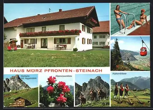 AK Pfronten-Steinach, Pension Haus Mörz mit Gartenansicht, Schwimmbad, Seilbahn, Alphornbläser