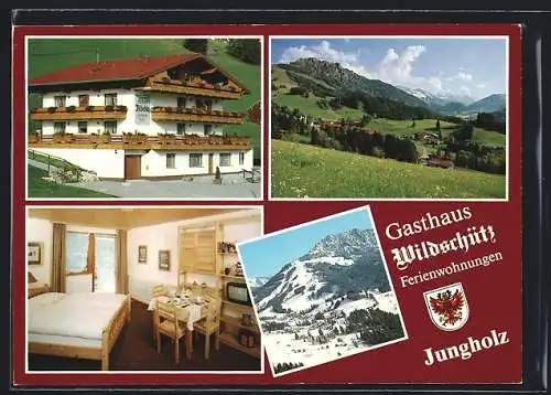 AK Jungholz, Das Gasthaus Wildschütz mit Innenansicht, Ortsansicht von der Bergwiese