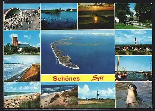 AK Sylt, Kurkonzert an der Promenade, Gesamtansicht vom Flugzeug aus, Robbe, Dünen, Strandpartie, Leuchtturm