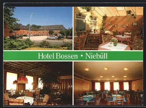 AK Niebüll, Das Hotel Bossen mit Innenansichten, Hauptstrasse 15