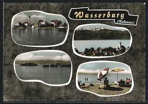 AK Wasserburg /Bodensee, Ortsansicht vom Wasser aus, Bergblick, Strandpartie