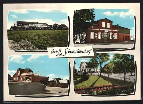 AK Schwackendorf, Blick auf den Gasthof, Gartenpartie, Ortspartie