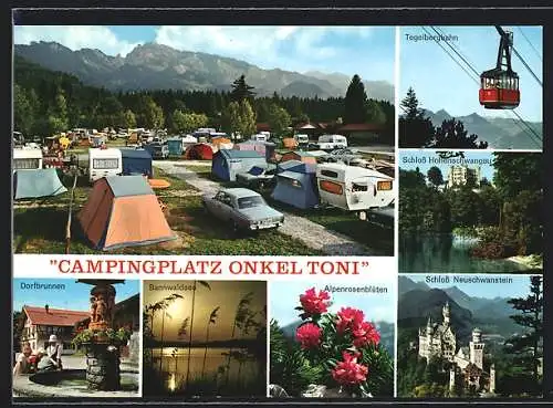 AK Schwangau /Allgäu, Campingplatz Onkel Toni, Dorfbrunnen, Bannwaldsee, Schloss Neuschwanstein, Tegelbergbahn