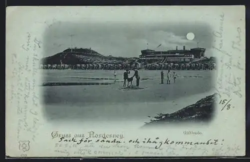 Mondschein-AK Norderney, Giftbude, Leute am Strand