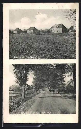 AK Fleestedt, Dorfstrasse mit Geschäftshaus Otto Homann, Häuser am Ortrand