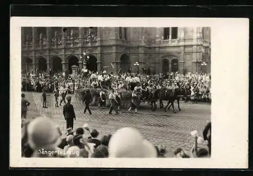 Foto-AK Wien, X. Deutsches Sängerbundesfest 1928, Sängerfestzug mit Heuwagen