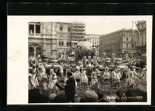AK Wien, X. Deutsches Sängerbundesfest 1928, Festwagen mit Globus und Engeln