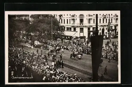 Foto-AK Wien, X. Deutsches Sängerbundesfest 1928, Sängerfestzug mit Wagen und Pferden